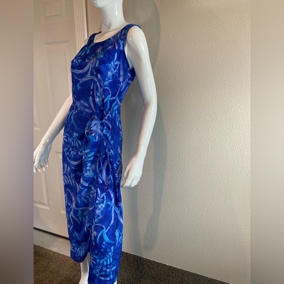 Expressions~Tropical Blue Faux Wrap Midi Dress~Scoop Neck~Sleeveless~Size 10 - Picture 4 of 16